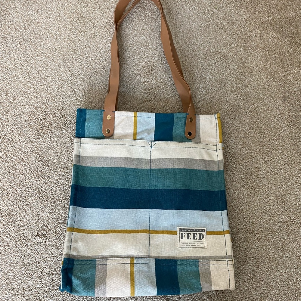 Blue Striped Canvas Tote Bag with Leather Handles